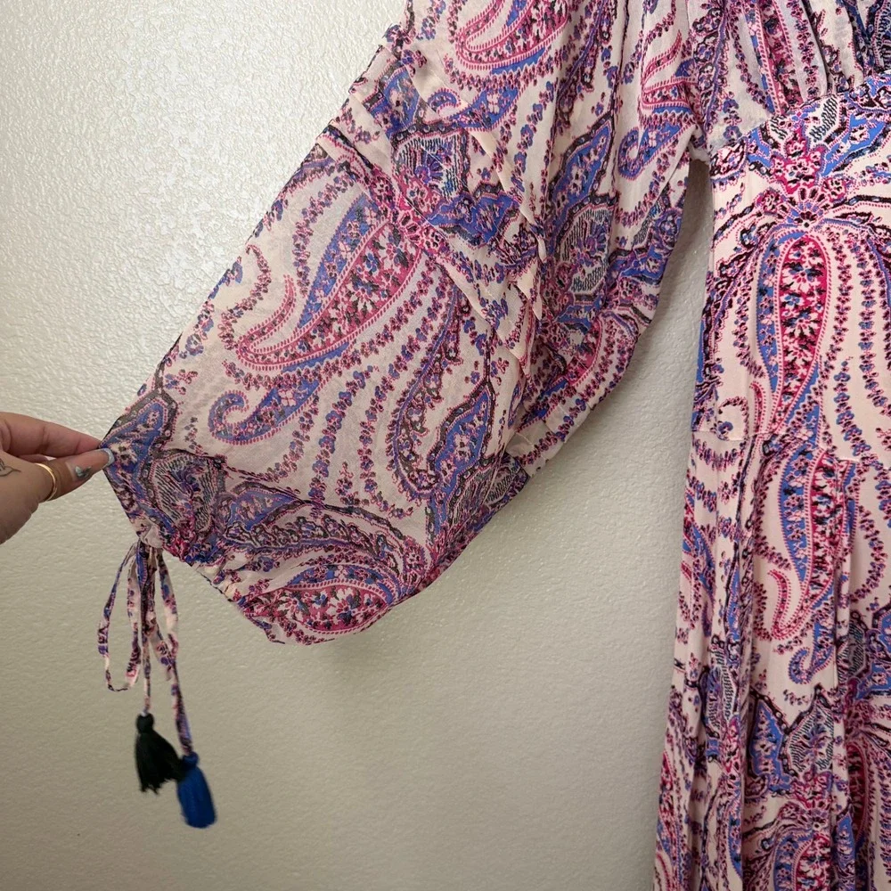 Free People Dress Size 4 Pink Purple Mirage Paisley Maxi Boho Tassel Empire
